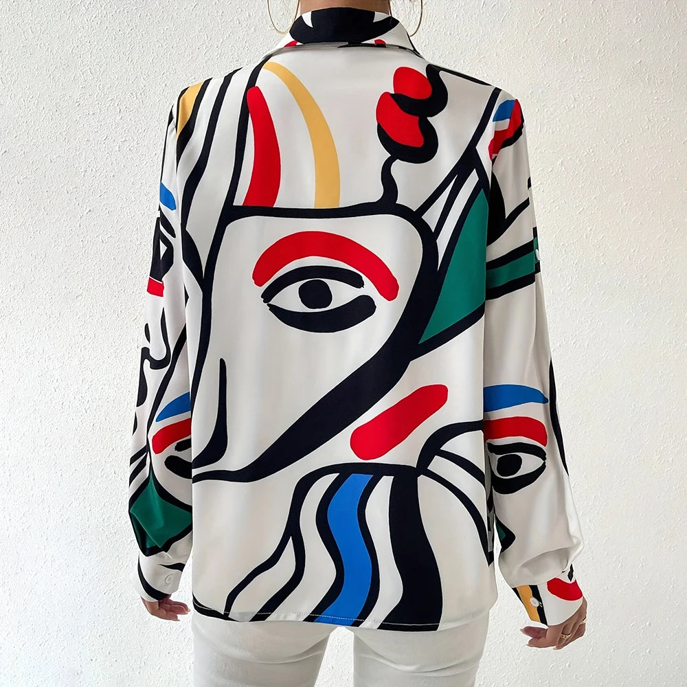 Summer Shirt Color Face Digital Printed Button-Down Shirt Women Large Size Lapel Long Sleeve Shirt Women'S Casual Everyday Wear