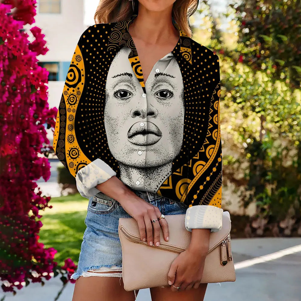Summer Shirt Color Face Digital Printed Button-Down Shirt Women Large Size Lapel Long Sleeve Shirt Women'S Casual Everyday Wear