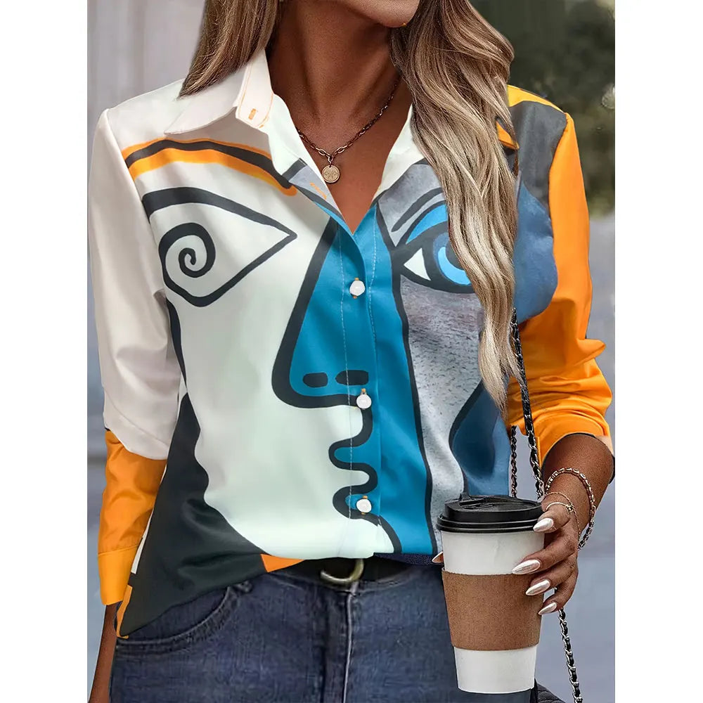 Summer Shirt Color Face Digital Printed Button-Down Shirt Women Large Size Lapel Long Sleeve Shirt Women'S Casual Everyday Wear