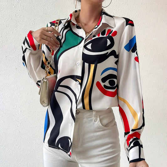 Summer Shirt Color Face Digital Printed Button-Down Shirt Women Large Size Lapel Long Sleeve Shirt Women'S Casual Everyday Wear