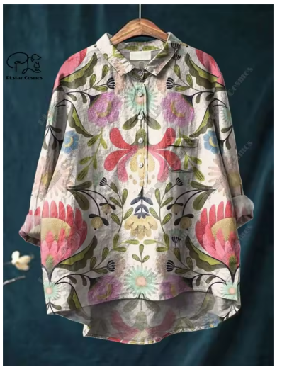Maria™ - Blus I Bomull Och Linne Med Blomtryck